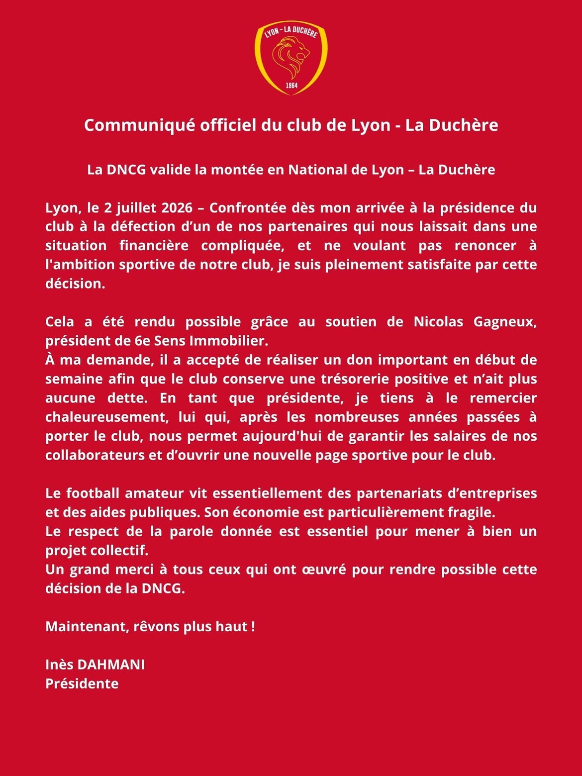 Communiqué officiel du club de Lyon – La Duchère